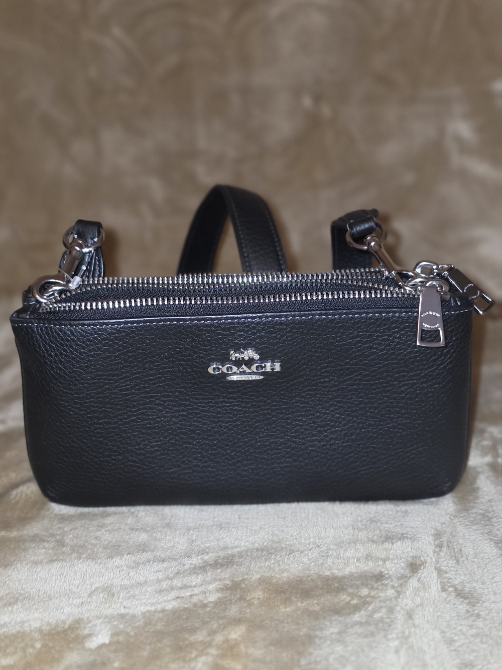 Coach Black Pebbled Leather Mini Double-Zip Crossbody
